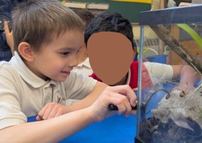 Looking at snail eggs with the help of a magnifying glass.